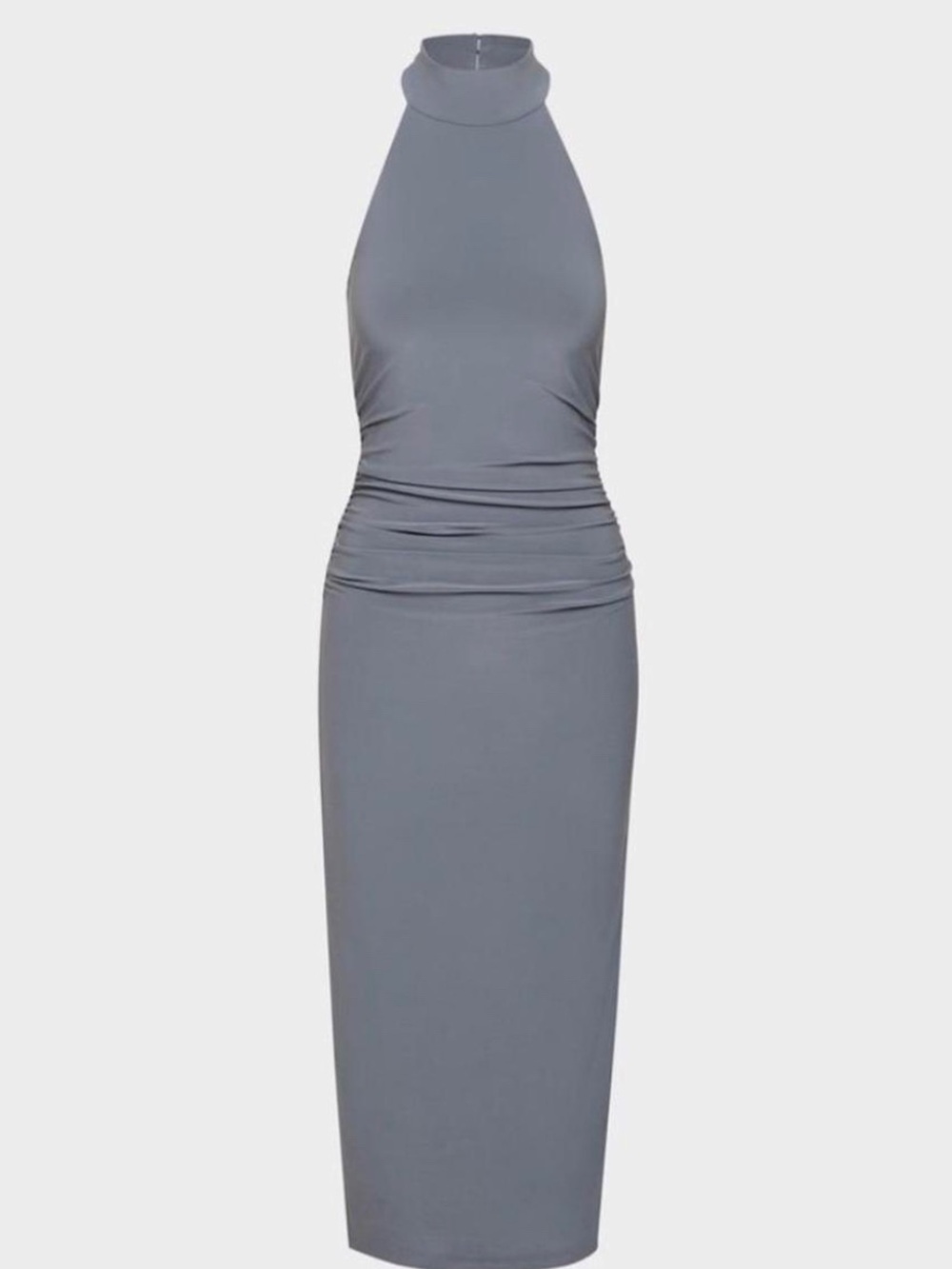 Halter Neck Ruched Midi Dress in Gray Blue